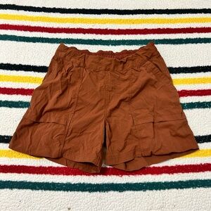 REI burnt orange rust terracotta high waisted hiking shorts drawstring waistband